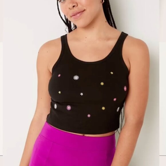 PINK Embroidered Flower Cropped Tank Top Shelf Bra Floral - Picture 1 of 8